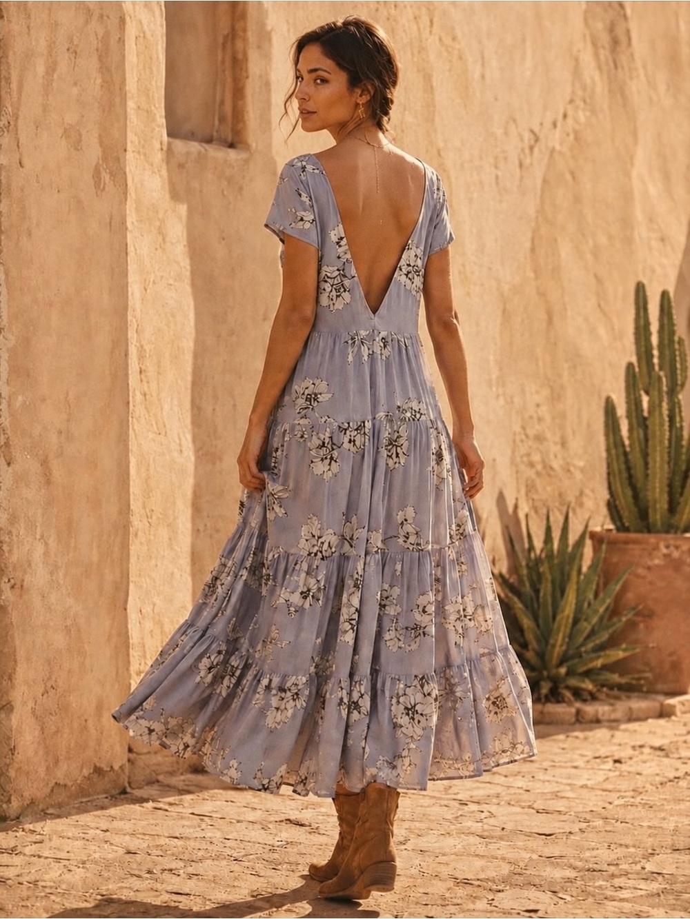 Free People Periwinkle Rita Tiered Midi Dress | Open Back | Romantic Western